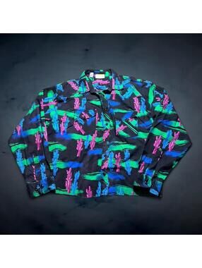 Vintage 90s Sergio Valente Neon Abstract Button Up Shirt Black XL Cropped Retro